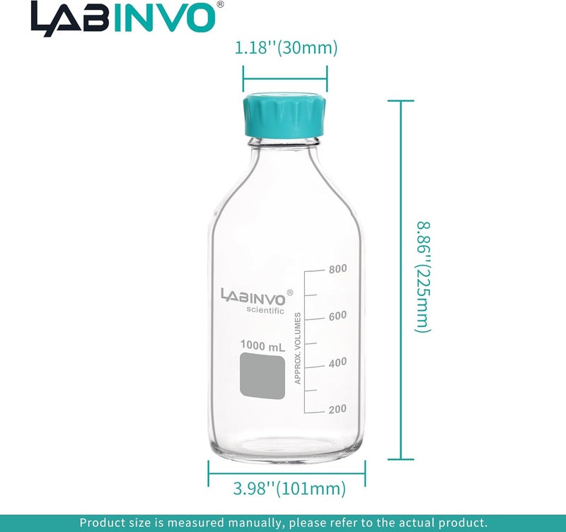 LINVO Glass Round Media Bottles, 2PCS of Vol.1000ml Borosilicate Glass Reagent Storage Bottle with GL45 Screw Cap, IN-RB1000B - Image 5